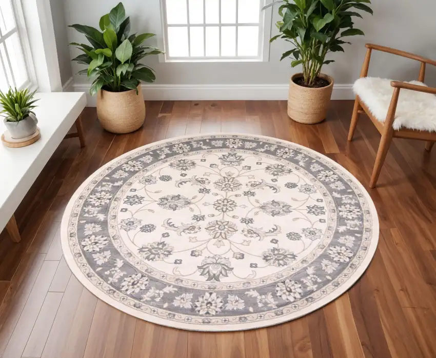 8' Ivory And Gray Floral Medallion Round Rug Photo 1