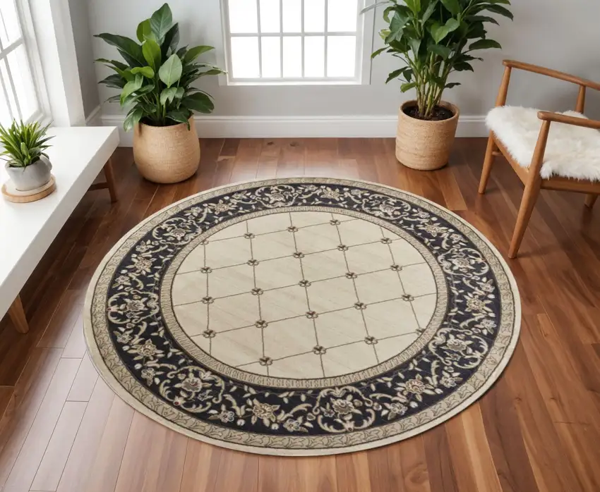 8' Ivory And Gray Floral Round Rug Photo 1