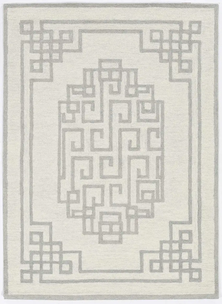 Ivory Grey Geometric Bordered Wool Area Rug Photo 4