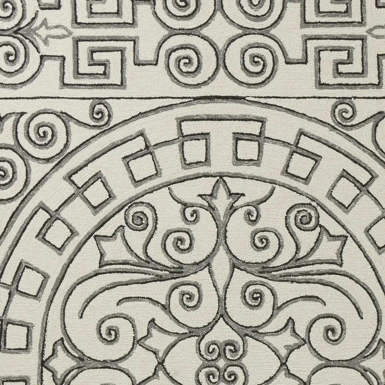 Ivory Grey Hand Hooked UV Treated Greek Key Medallion Indoor Outdoor Accent Rug Photo 5