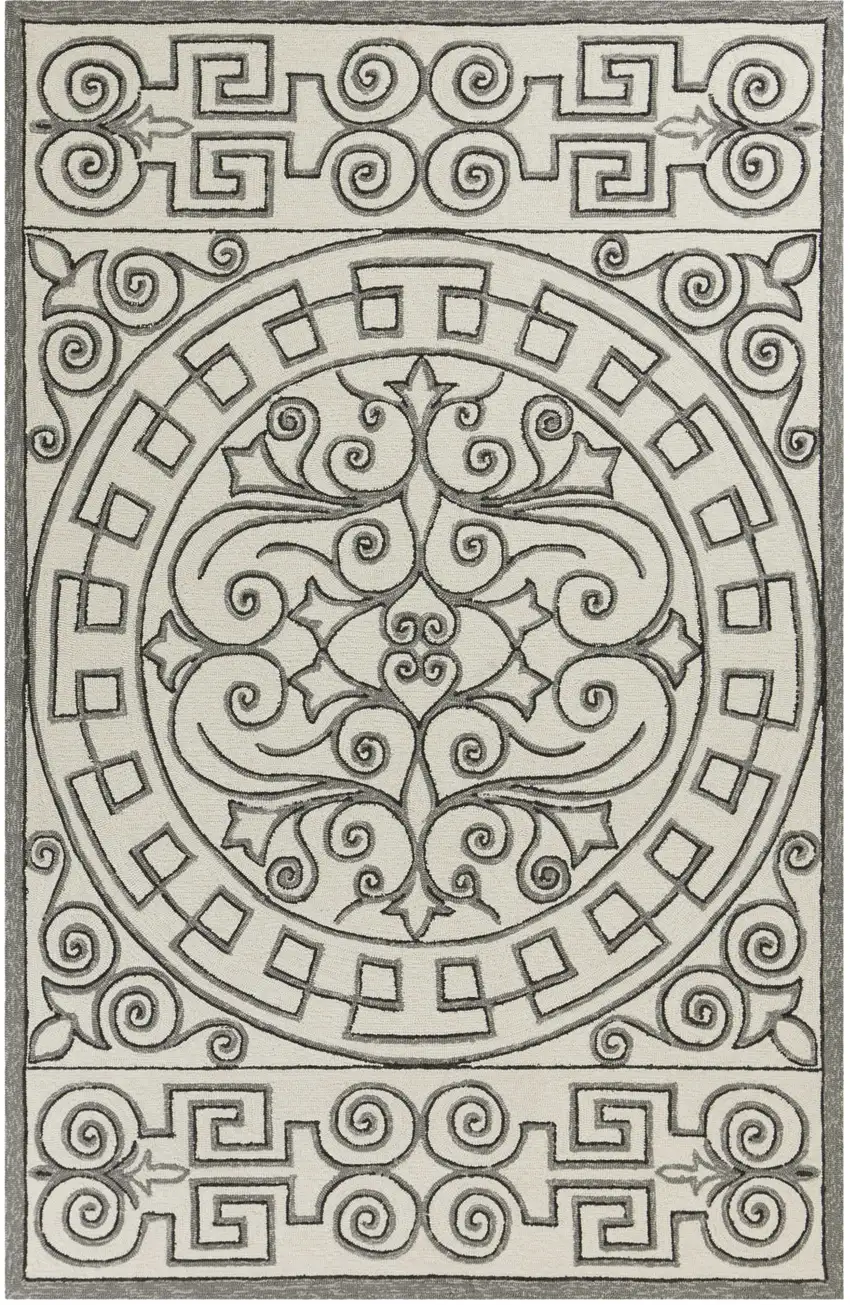 3'X5' Ivory Grey Hand Hooked Uv Treated Greek Key Medallion Indoor Outdoor Area Rug Photo 2