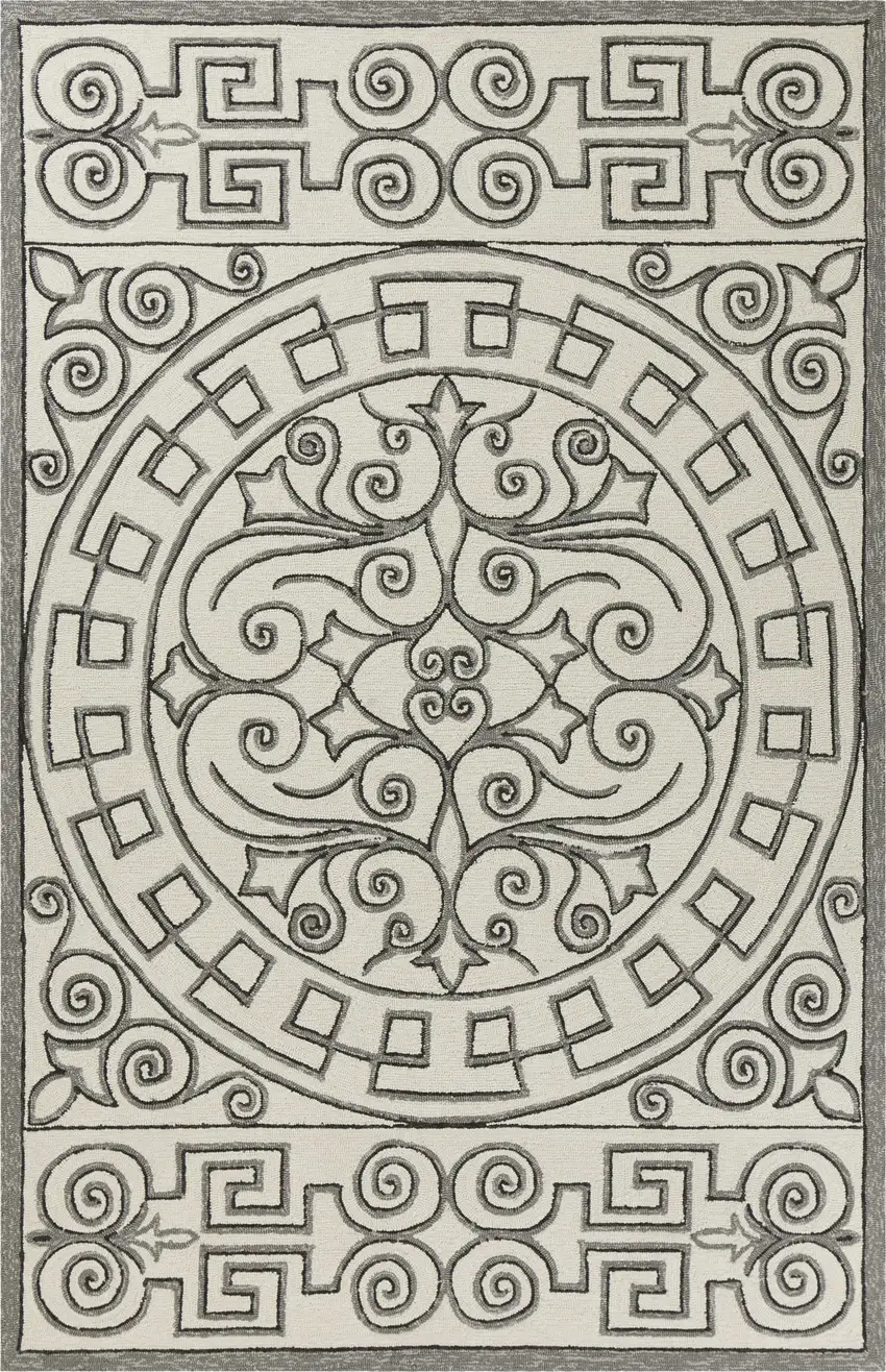 Ivory Grey Hand Hooked UV Treated Greek Key Medallion Indoor Outdoor Area Rug Photo 1