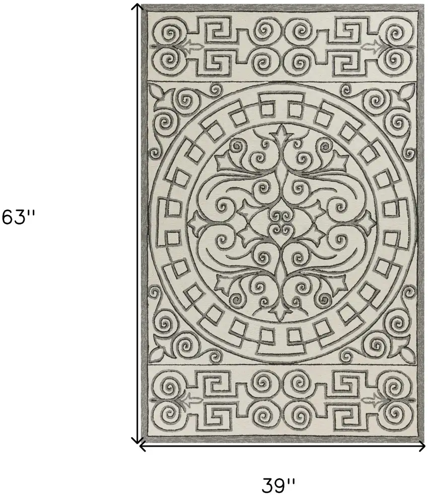 3'X5' Ivory Grey Hand Hooked Uv Treated Greek Key Medallion Indoor Outdoor Area Rug Photo 3