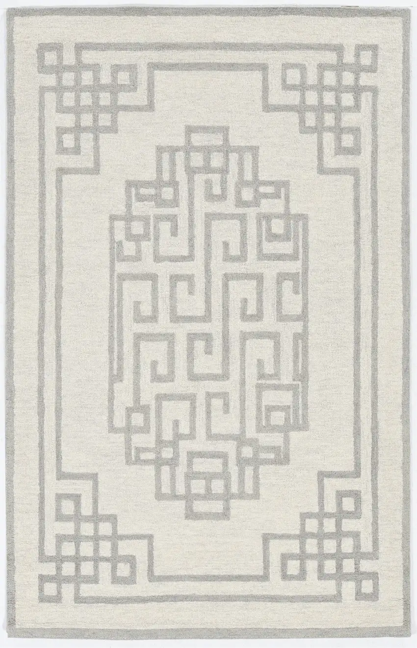 Ivory Grey Hand Tufted Bordered Greek Key Indoor Area Rug Photo 1