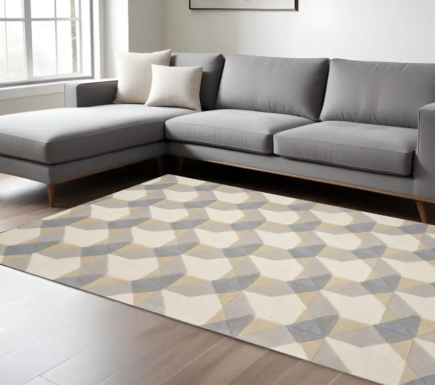 Ivory Gray And Cream Wool Geometric Hand Tufted Area Rug Photo 1