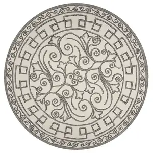 Photo of Ivory Grey Hand Woven UV Treated Greek Key Medallion Round Indoor Outdoor Area Rug