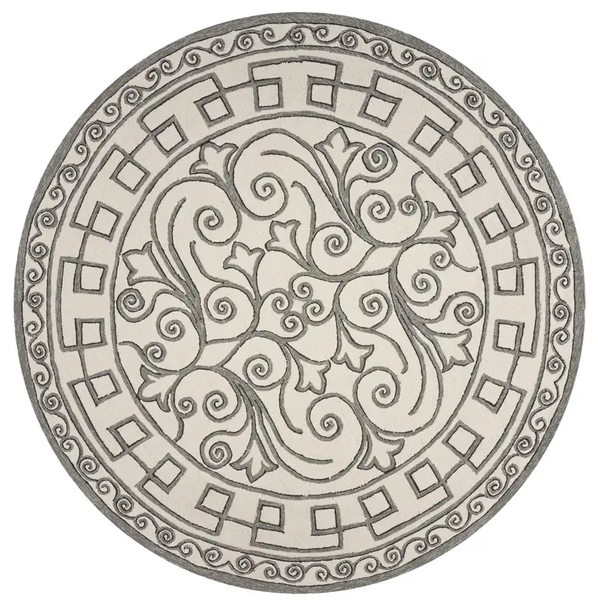 8' Ivory Grey Hand Woven Uv Treated Greek Key Medallion Round Indoor Outdoor Area Rug Photo 2