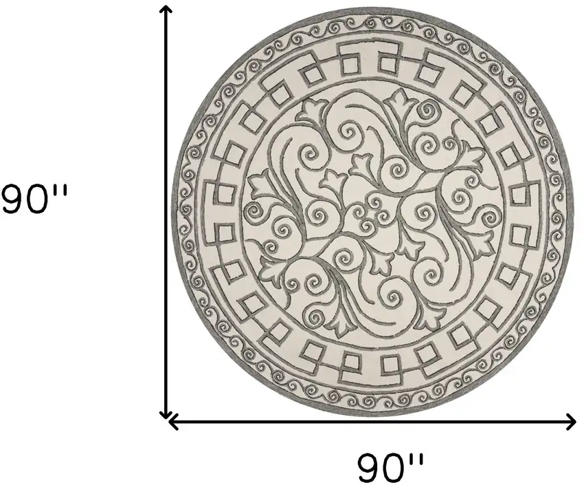8' Ivory Grey Hand Woven Uv Treated Greek Key Medallion Round Indoor Outdoor Area Rug Photo 3