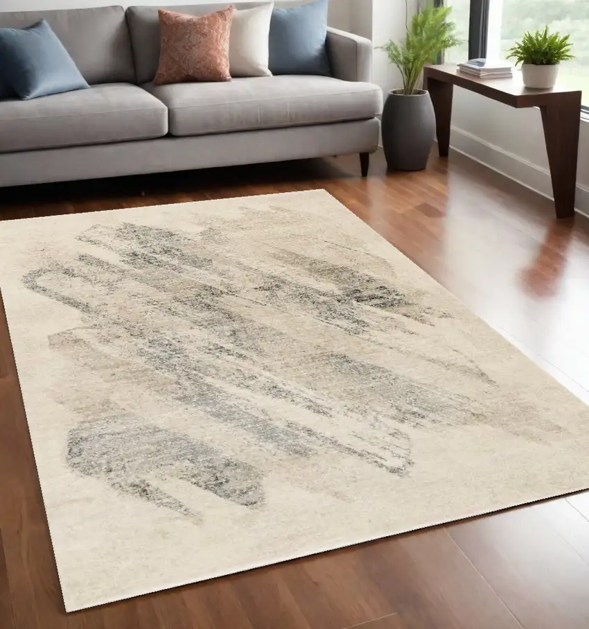 Ivory Grey Machine Woven Abstract Brushstrokes Indoor Area Rug Photo 1