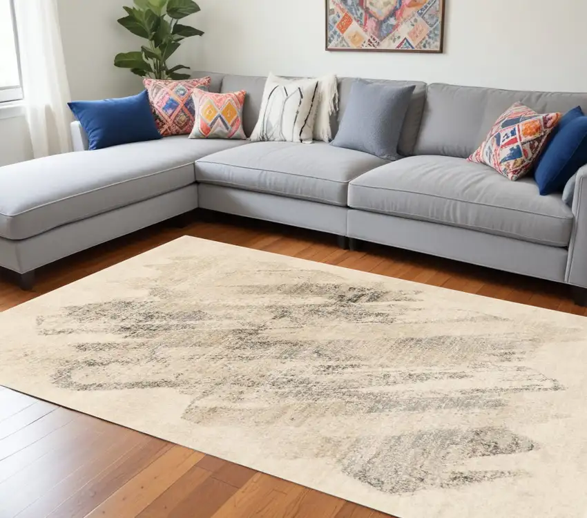 Ivory Grey Machine Woven Abstract Brushstrokes Indoor Area Rug Photo 1