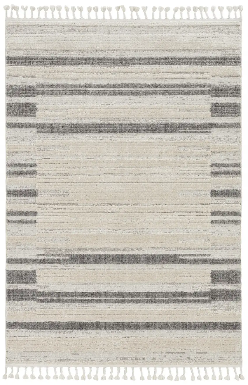Ivory Grey Machine Woven Abstract Lines With Fringe Indoor Runner Rug Photo 1