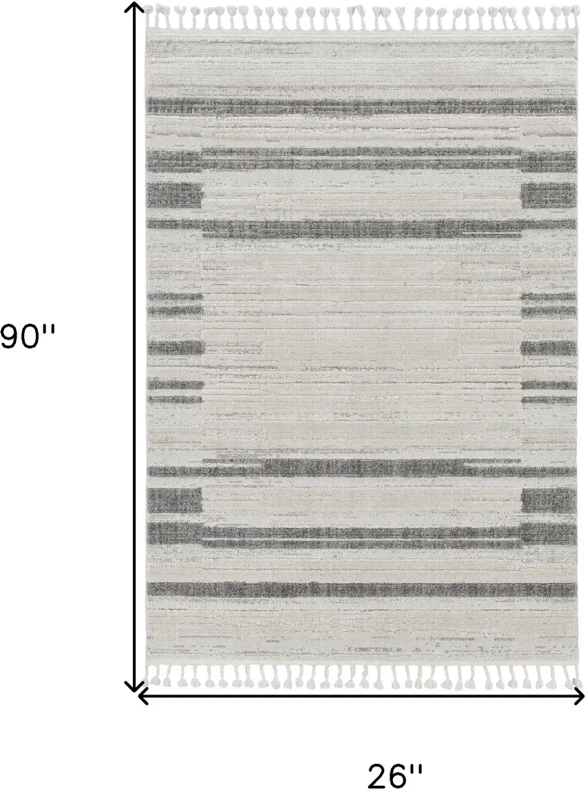 8' Ivory Grey Machine Woven Abstract Lines With Fringe Indoor Runner Rug Photo 3