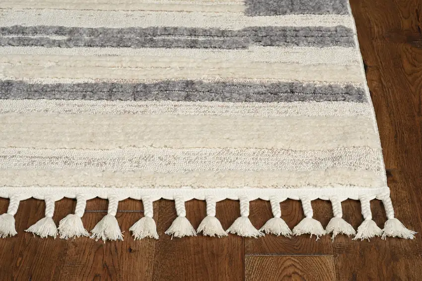 Ivory Grey Machine Woven Abstract Lines With Fringe Indoor Runner Rug Photo 2