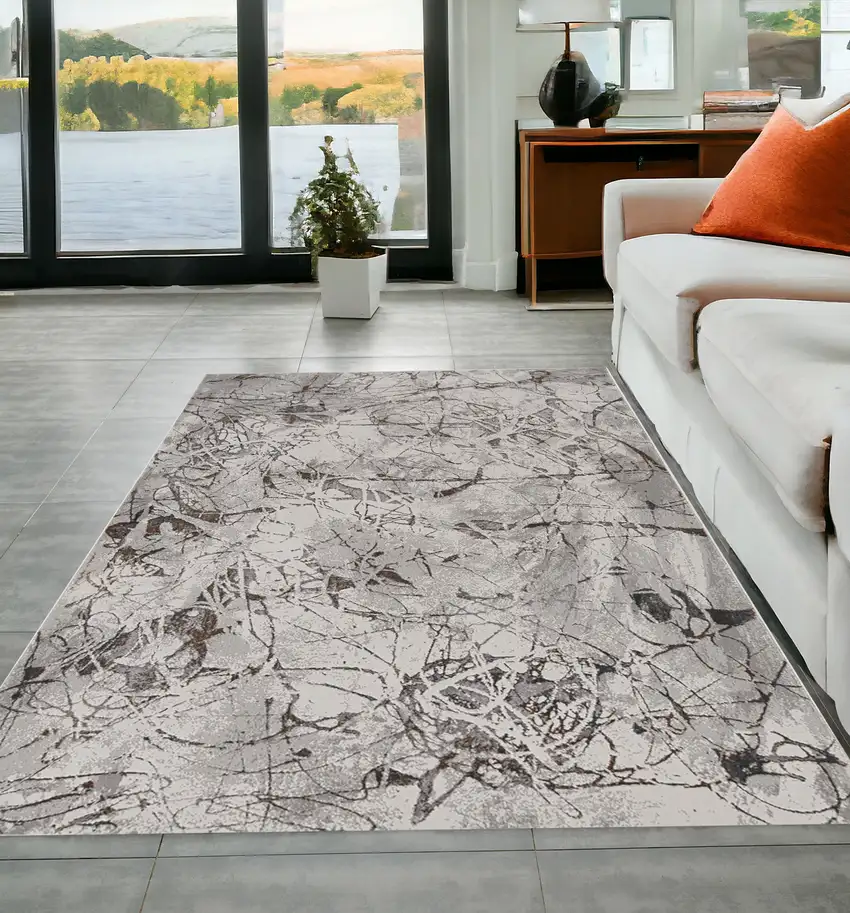 5'X8' Ivory Grey Machine Woven Abstract Vermicular Indoor Area Rug Photo 1
