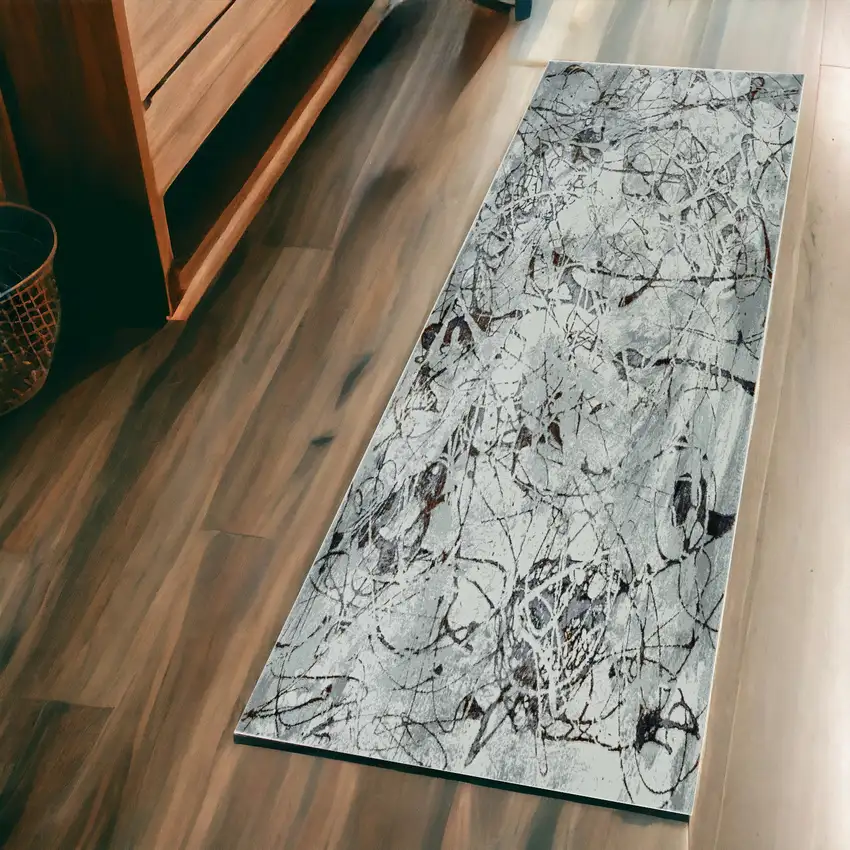 7' Ivory Grey Machine Woven Abstract Vermicular Indoor Runner Rug Photo 1
