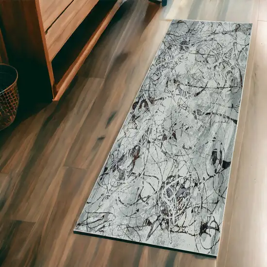 7' Ivory Grey Machine Woven Abstract Vermicular Indoor Runner Rug Photo 1