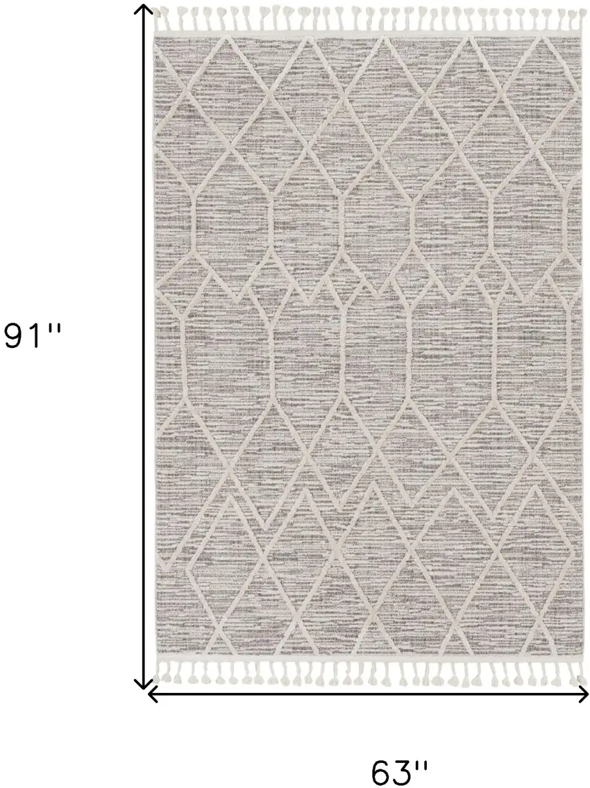 5'X8' Ivory Grey Machine Woven Abstract With Fringe Indoor Area Rug Photo 3