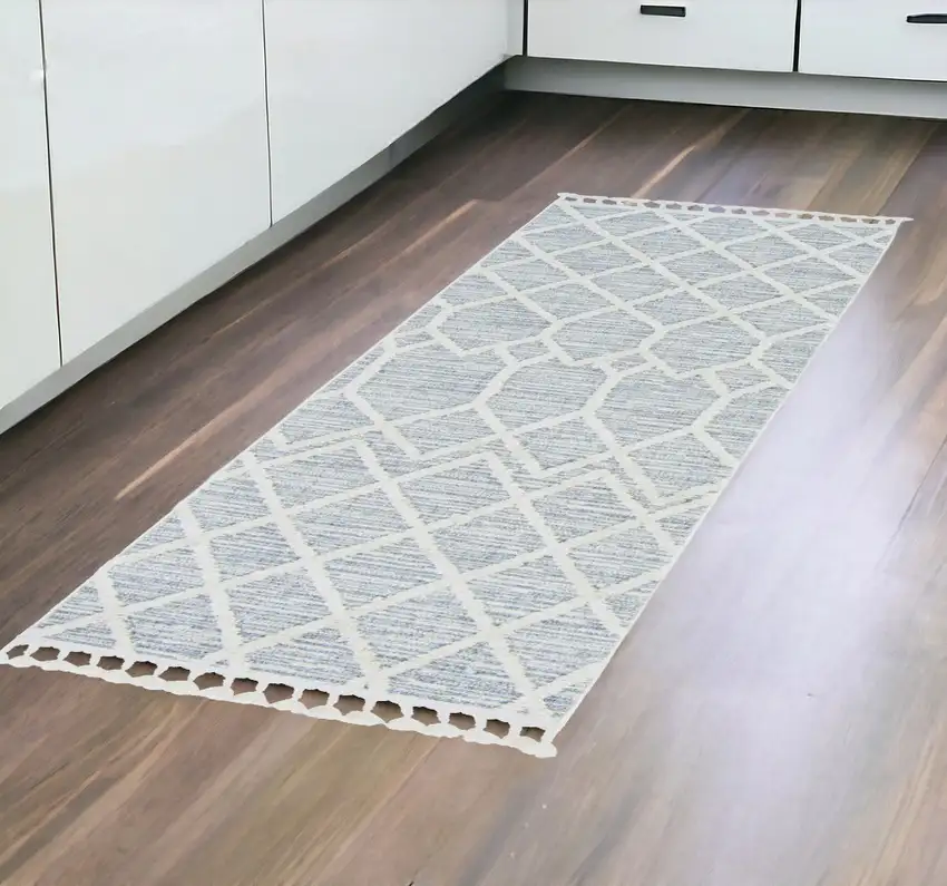 8' Ivory Grey Machine Woven Abstract With Fringe Indoor Runner Rug Photo 1