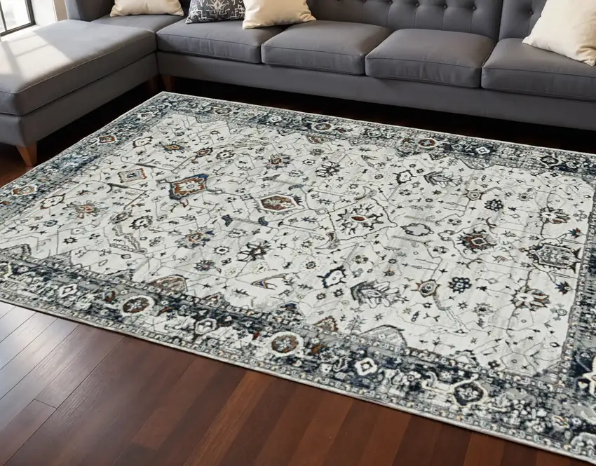 7' Gray And Ivory Floral Medallion Area Rug Photo 1