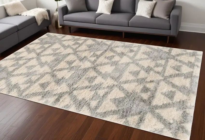 Ivory Grey Machine Woven Geometric Indoor Area Rug Photo 1