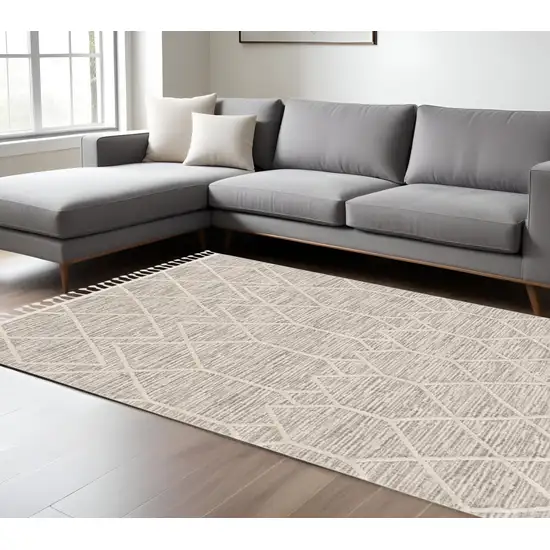 Ivory And Gray Geometric Area Rug With Fringe Photo 1