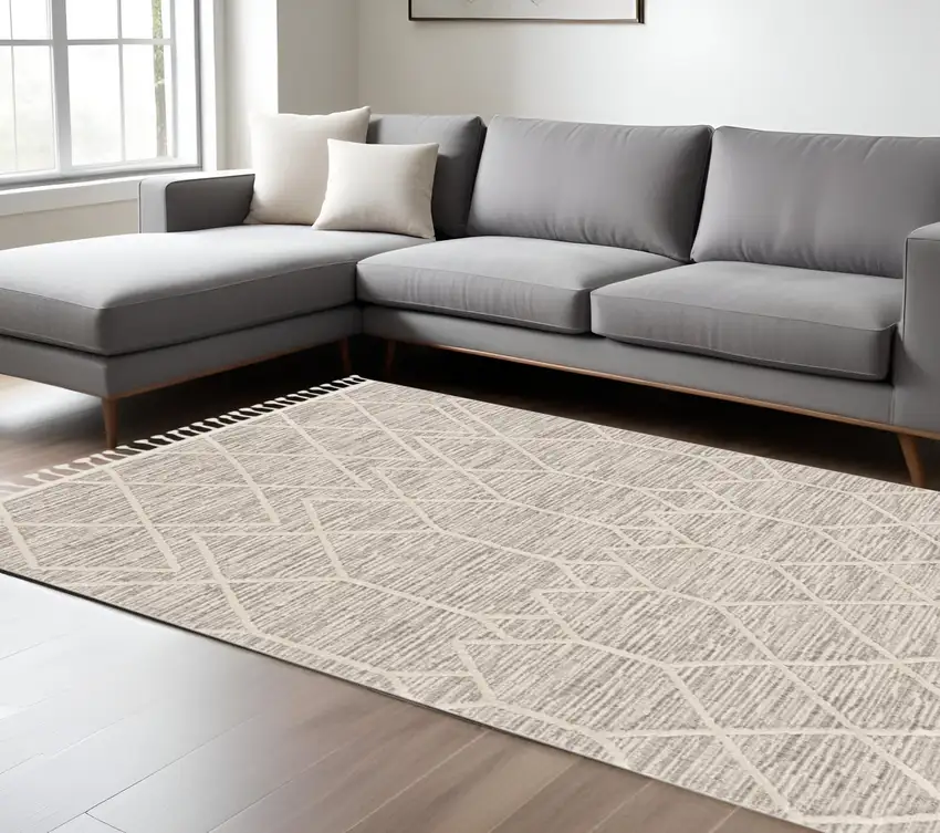 Ivory And Gray Geometric Area Rug With Fringe Photo 1
