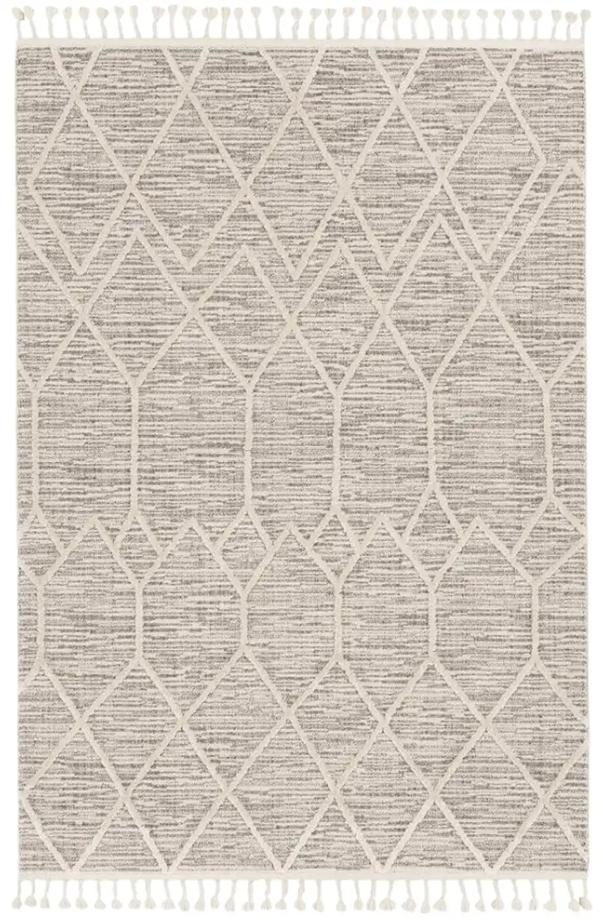 Ivory And Gray Geometric Area Rug With Fringe Photo 2