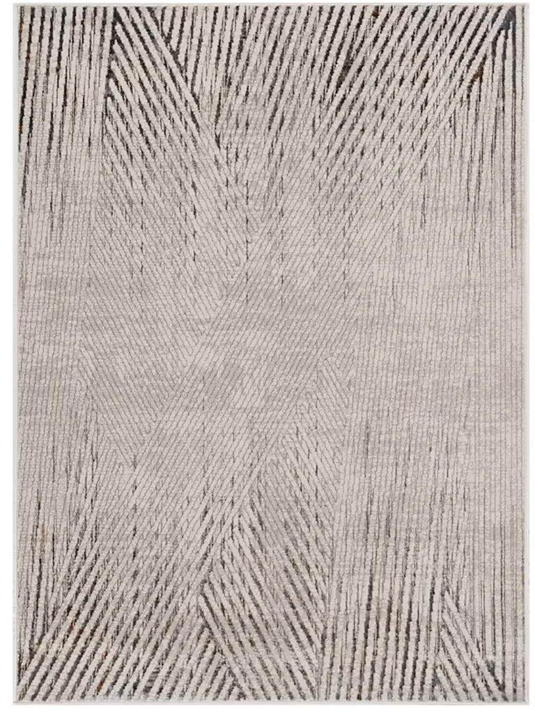 Ivory Grey Machine Woven Geometric Lines Indoor Area Rug Photo 3