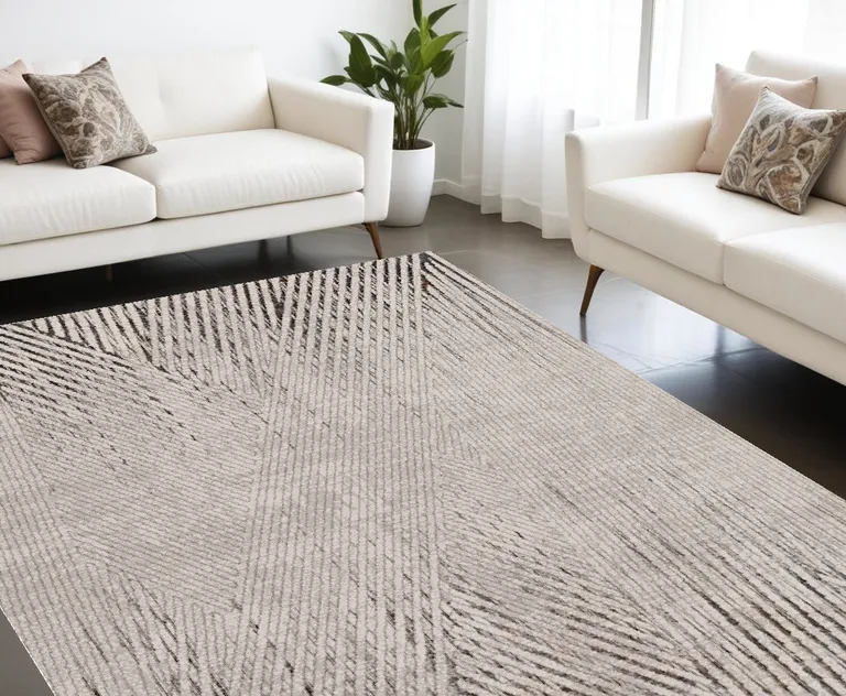 Ivory Grey Machine Woven Geometric Lines Indoor Area Rug Photo 2
