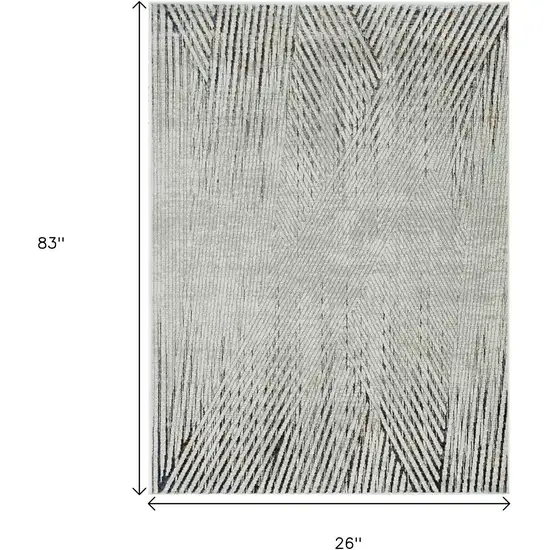 7' Ivory Grey Machine Woven Geometric Lines Indoor Runner Rug Photo 3