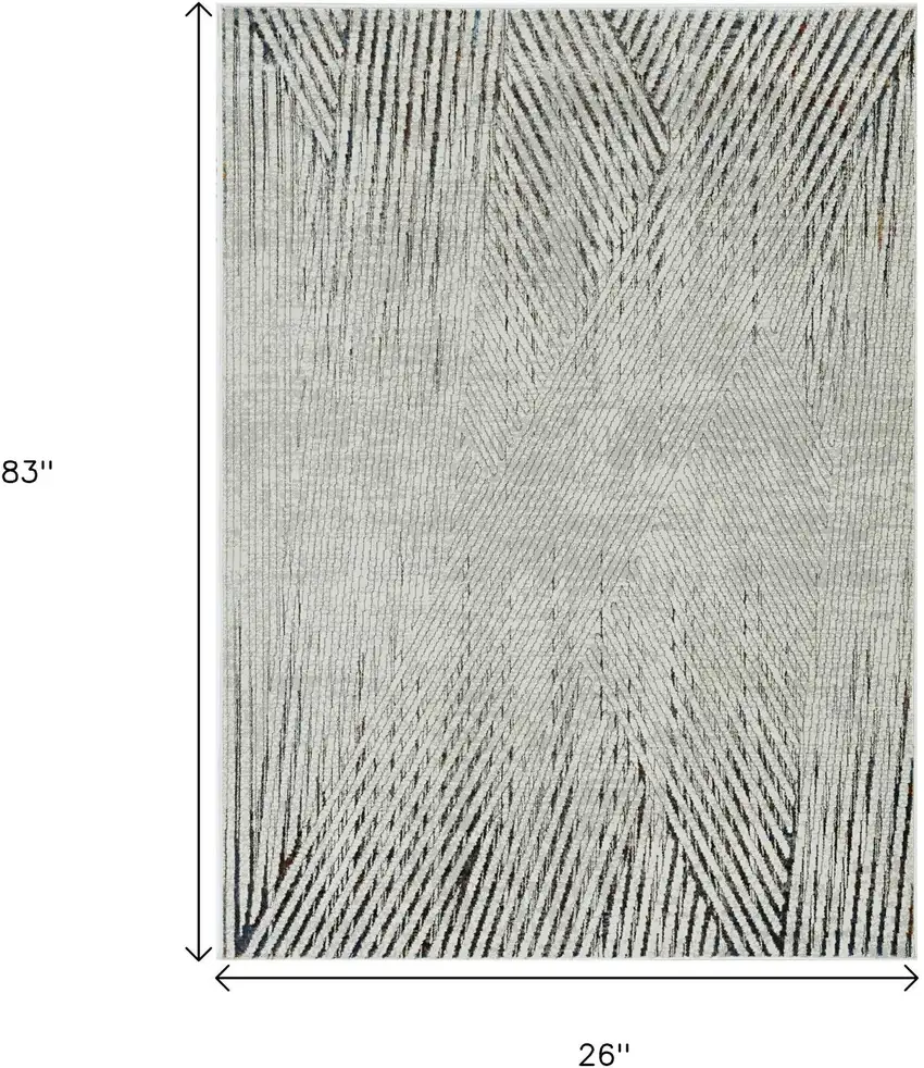 7' Ivory Grey Machine Woven Geometric Lines Indoor Runner Rug Photo 3