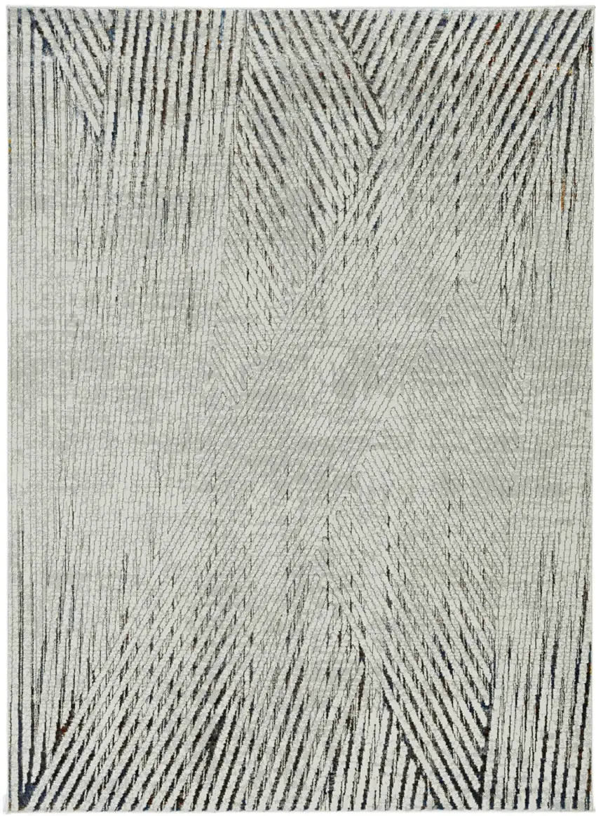 7' Ivory Grey Machine Woven Geometric Lines Indoor Runner Rug Photo 2