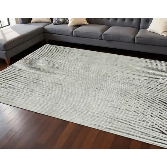 7' Ivory Grey Machine Woven Geometric Lines Indoor Runner Rug Photo 1
