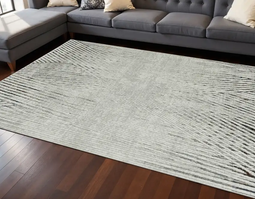 7' Ivory Grey Machine Woven Geometric Lines Indoor Runner Rug Photo 1