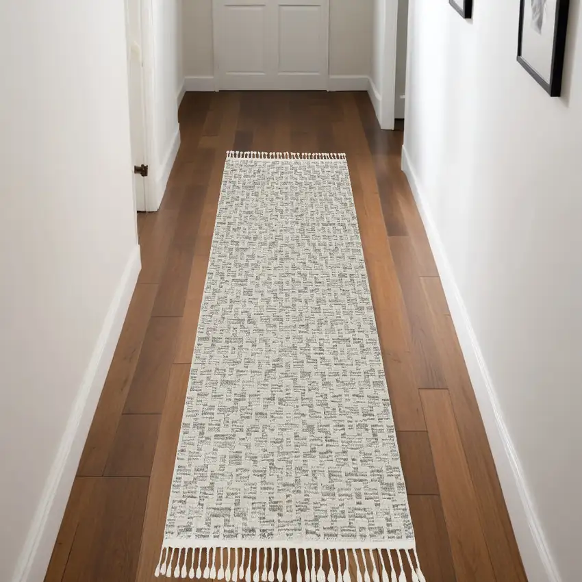 8' Ivory Grey Machine Woven Geometric With Fringe Indoor Runner Rug Photo 1