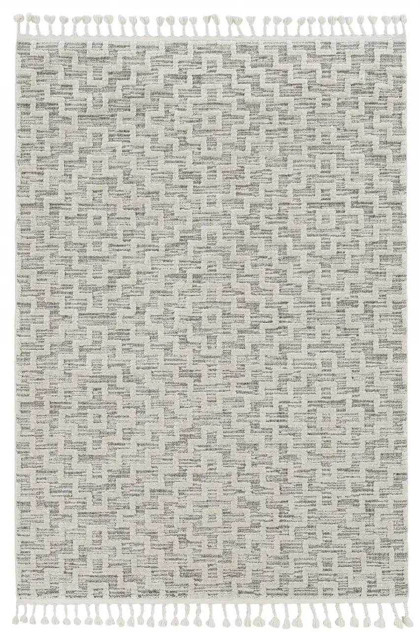 Ivory Grey Machine Woven Geometric With Fringe Indoor Runner Rug Photo 1