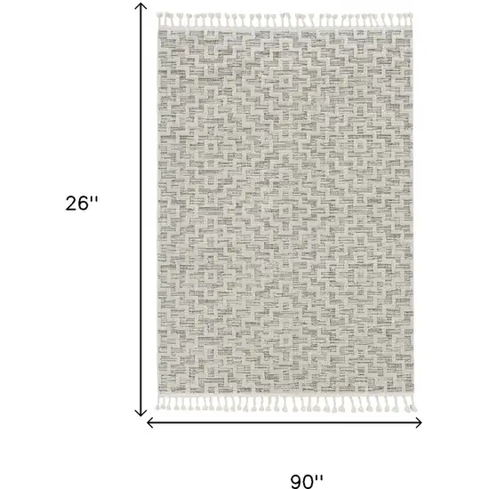 8' Ivory And Gray Geometric Runner Rug With Fringe Photo 4