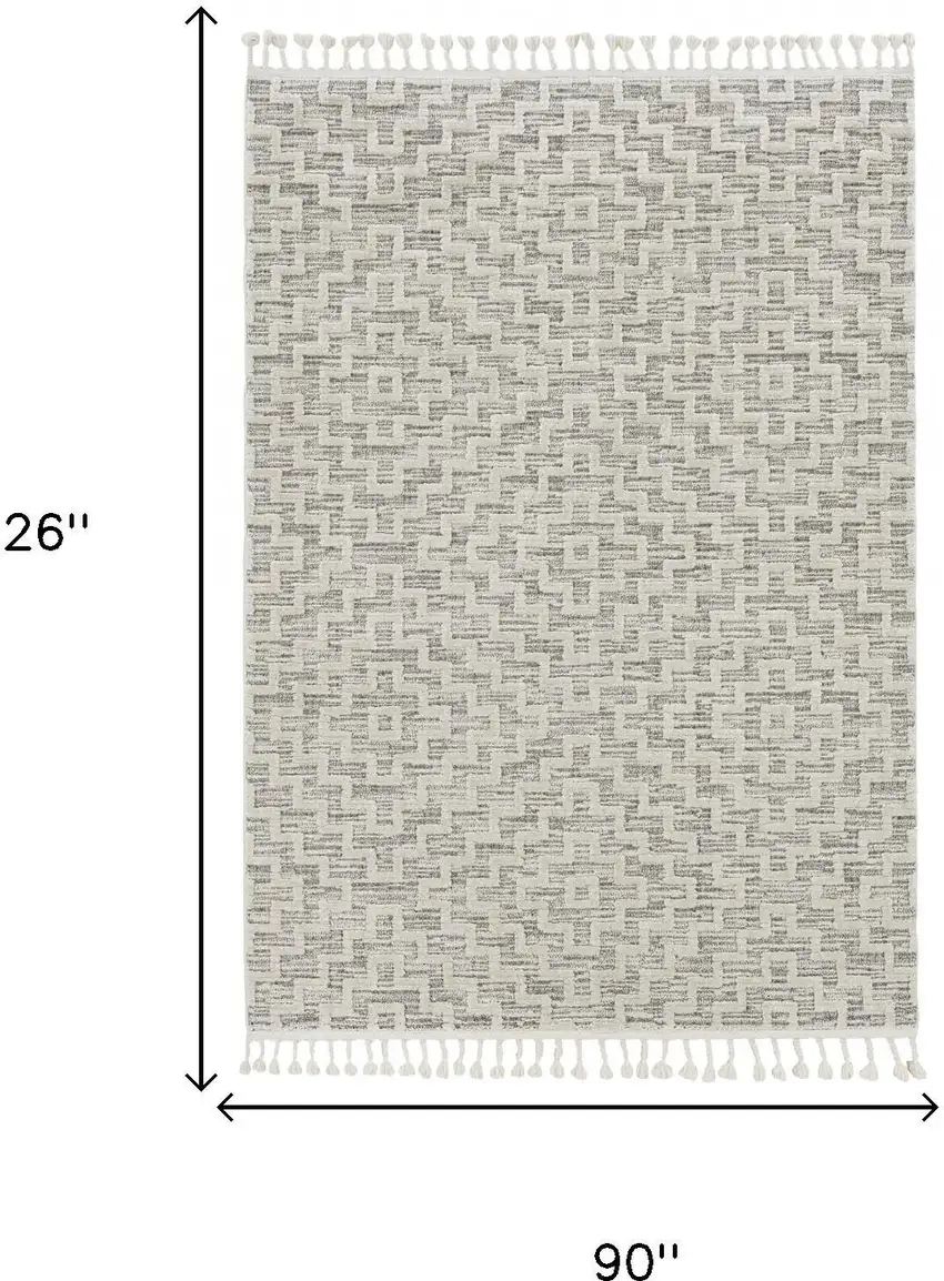 8' Ivory And Gray Geometric Runner Rug With Fringe Photo 4
