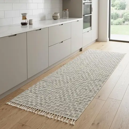 8' Ivory And Gray Geometric Runner Rug With Fringe Photo 1
