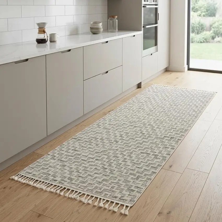 8' Ivory And Gray Geometric Runner Rug With Fringe Photo 1