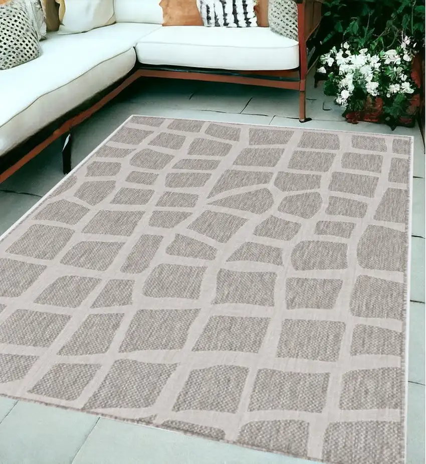 5'X7' Ivory Grey Machine Woven Uv Treated Abstract Indoor Outdoor Area Rug Photo 1