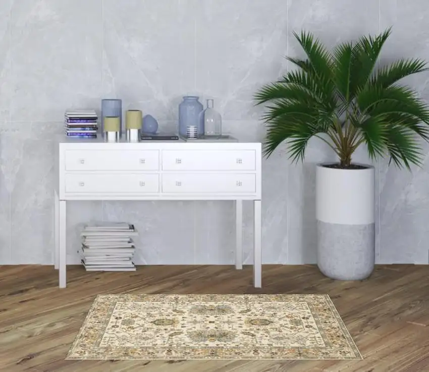 Ivory Grey Orange Green Blue And Red Oriental Power Loom Stain Resistant Area Rug With Fringe Photo 2