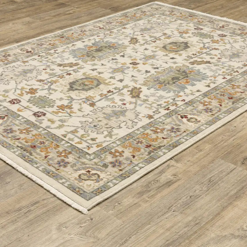 Ivory Grey Orange Green Blue And Red Oriental Power Loom Stain Resistant Area Rug With Fringe Photo 6