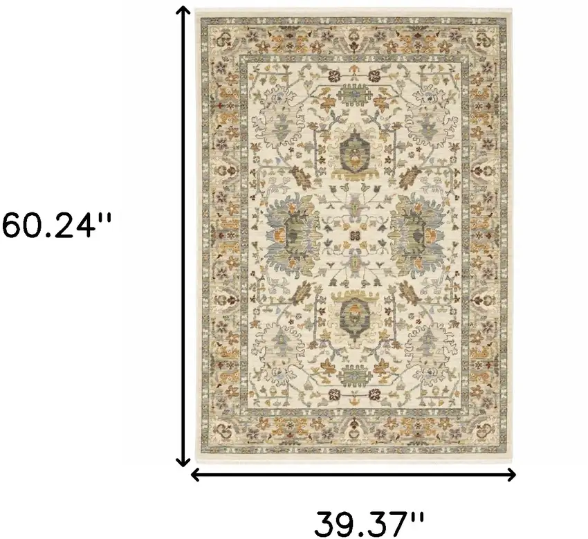 Ivory Grey Orange Green Blue And Red Oriental Power Loom Stain Resistant Area Rug With Fringe Photo 3