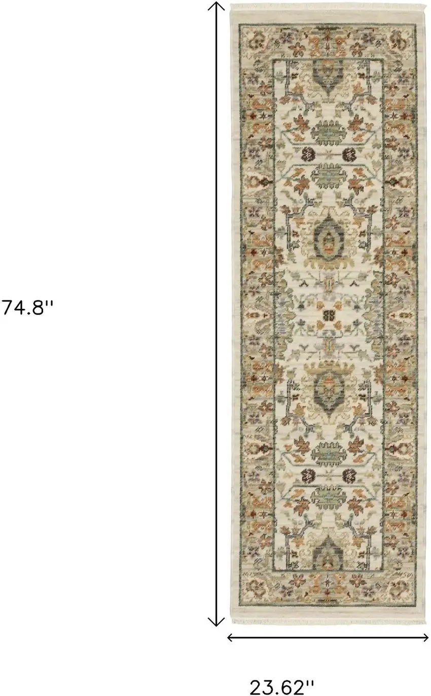 2' X 6' Ivory Grey Orange Green Blue And Red Oriental Power Loom Stain Resistant Runner Rug With Fringe Photo 3