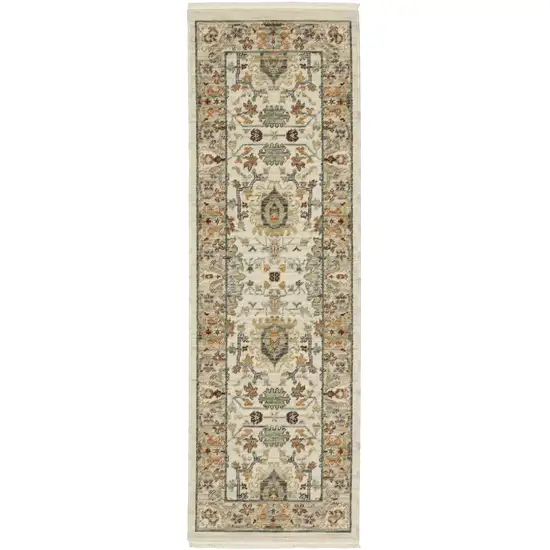 2' X 6' Ivory Grey Orange Green Blue And Red Oriental Power Loom Stain Resistant Runner Rug With Fringe Photo 2