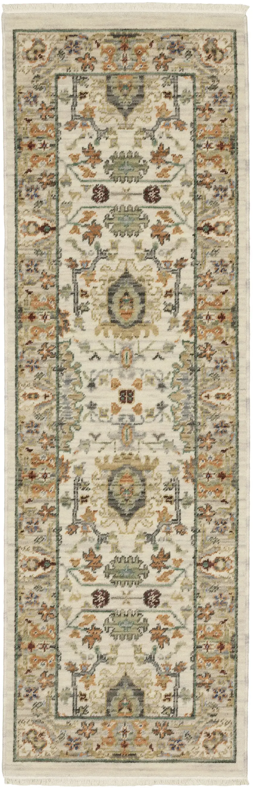 2' X 6' Ivory Grey Orange Green Blue And Red Oriental Power Loom Stain Resistant Runner Rug With Fringe Photo 2