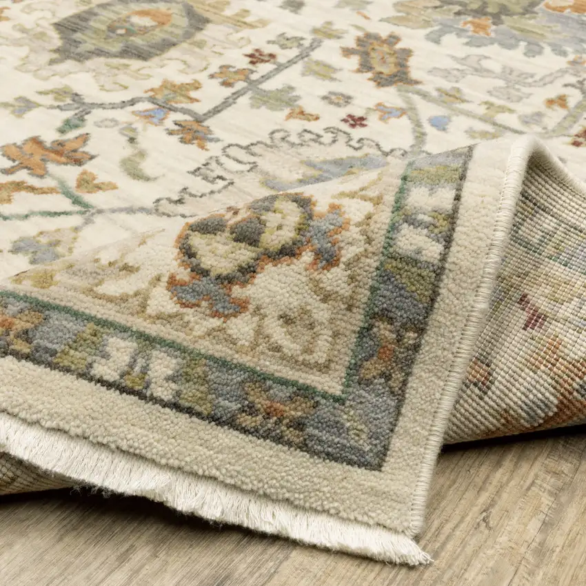 Ivory Grey Orange Green Blue And Red Oriental Power Loom Stain Resistant Runner Rug With Fringe Photo 7