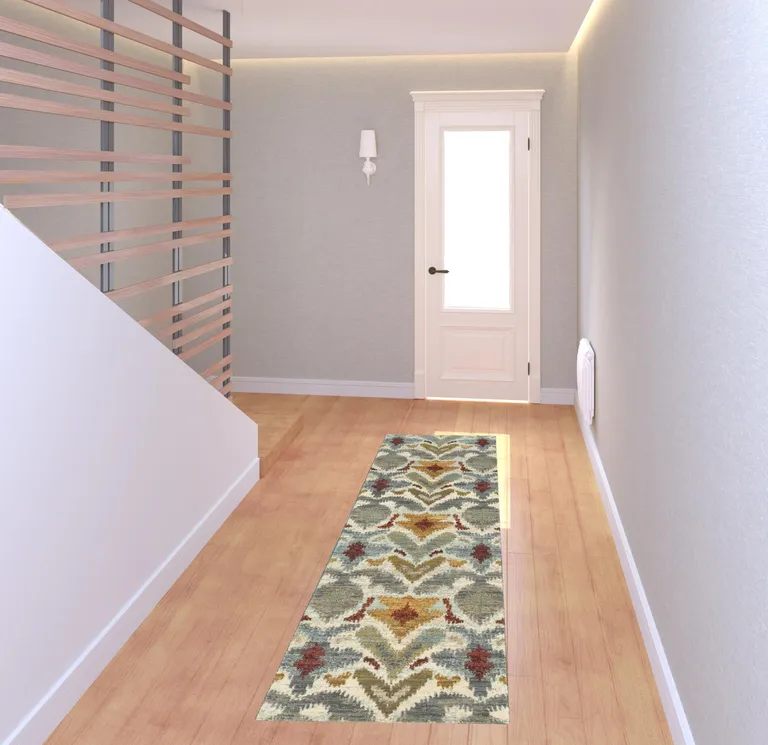 Ivory Grey Rust Gold And Blue Abstract Power Loom Stain Resistant Runner Rug Photo 2