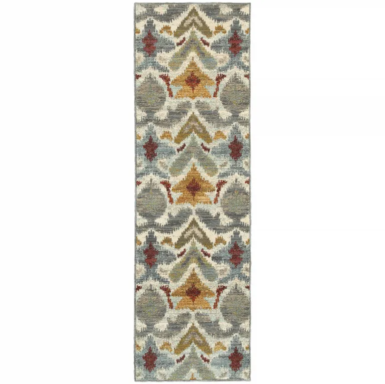 Ivory Grey Rust Gold And Blue Abstract Power Loom Stain Resistant Runner Rug Photo 1